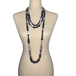 Vintage Triple Strand Blue Multi Bead Necklace Multi-Layer Statement Silver Tone